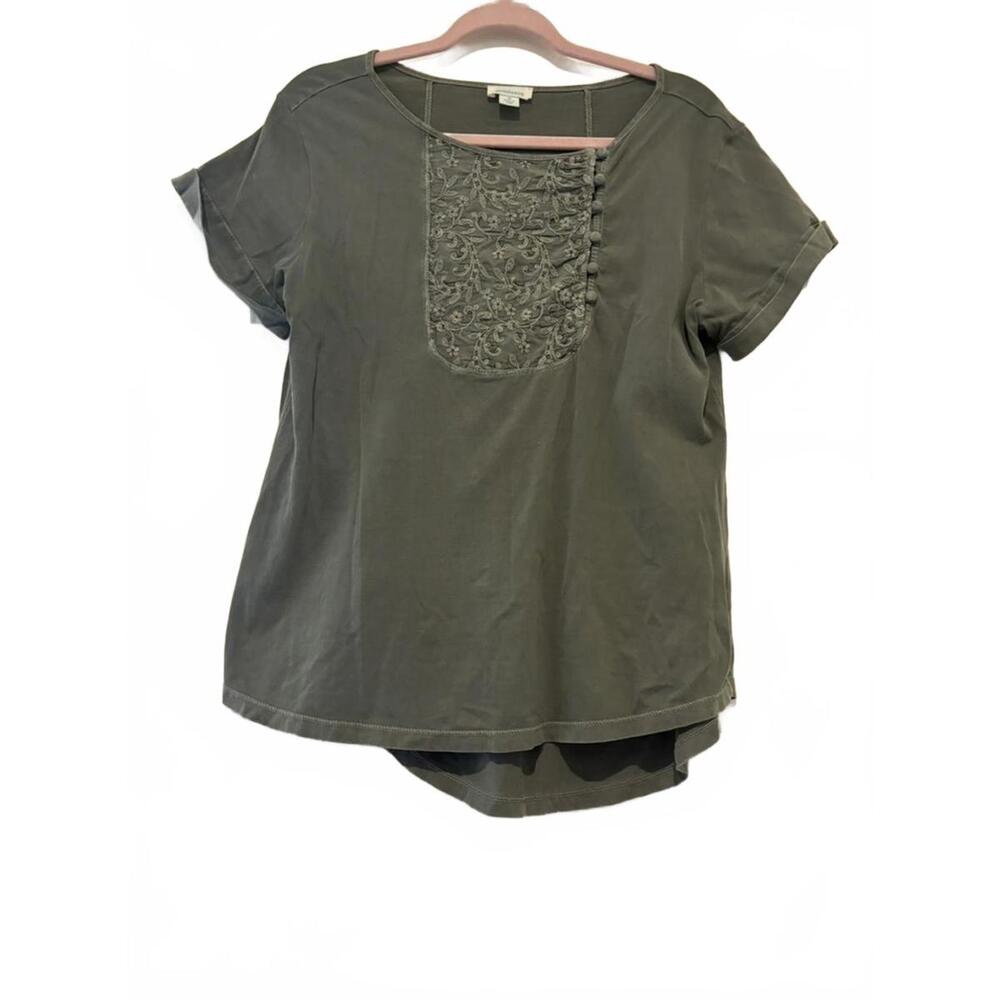 Sundance olive green sz M embroidered cotton short sleeve shirt #3257